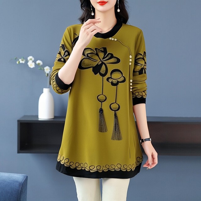 Plus size plus size mother's spring and autumn belly-covering dress, middle-aged and stylish mid-length bottoming shirt and skirt for women