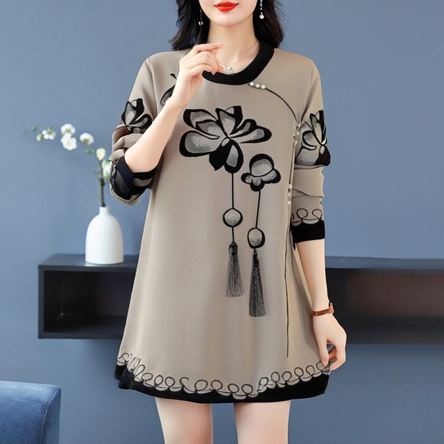 Plus size plus size mother's spring and autumn belly-covering dress, middle-aged and stylish mid-length bottoming shirt and skirt for women