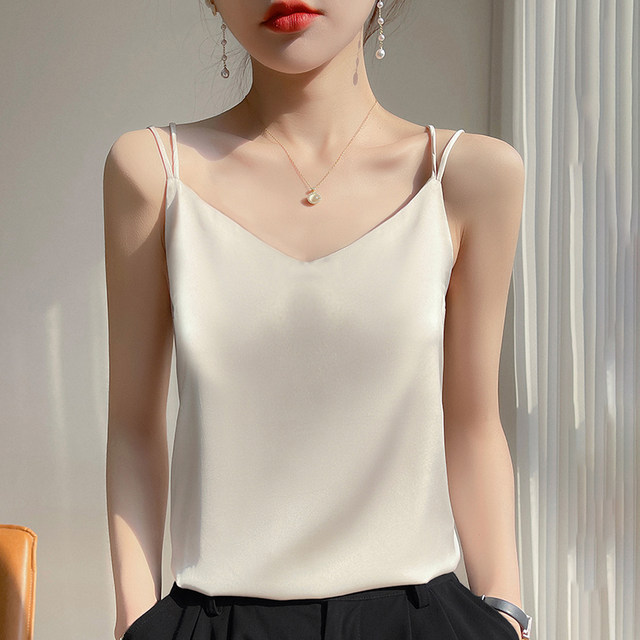 Sling vest female with white beauty -backed acetic acid simulation silk top satin Summer suit imitation mulberry silk bottoming shirt

