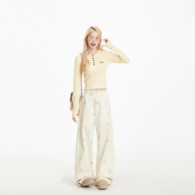 NERESUM milk apricot puppy printed casual trousers loose straight pants lace splicing draped slimming pants