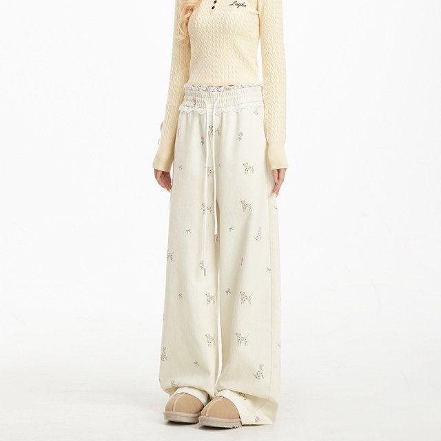 NERESUM milk apricot puppy printed casual trousers loose straight pants lace splicing draped slimming pants