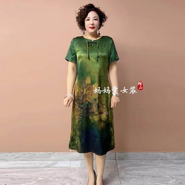 Summer new short-sleeved floral silk cheongsam dress for middle-aged and elderly mothers, loose large size knee-length skirt