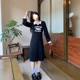 Large -size women's fat MM Hepburn Wind Black POLO collaring flower dress 2024 autumn new waist thin skirt
