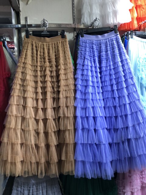 Niche layered ruffled mesh cake skirt floor-moving long skirt autumn and winter super fairy sweet gauze skirt a line puffy skirt