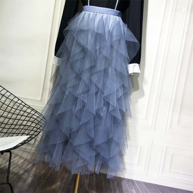Cake skirt skirt long skirt female autumn and winter skirt irregular ruffled sweet apricot white fairy nets skirt