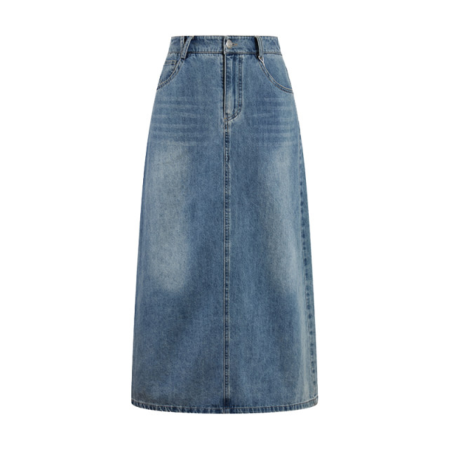 HeyDress retro washing denim skirt women's summer straight slit skirt high waist slim blue skirt