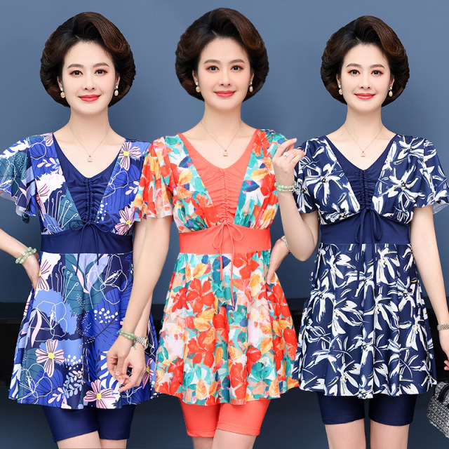 Swimwear for middle-aged mothers, women's split skirt, conservative belly-covering, slimming, middle-aged and elderly large size fashionable swimwear