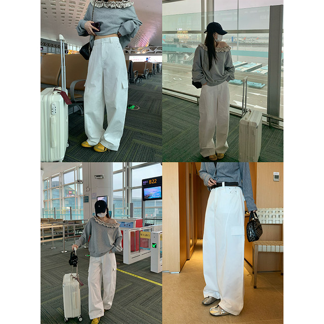 NAZ's large size cotton twill casual sports style loose high-waist overalls spring fat mm straight trousers
