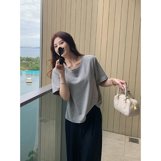 
NAZ large size cotton and ammonia blended fashionable sequins casual versatile T-shirt fat mm summer short-sleeved loose top
