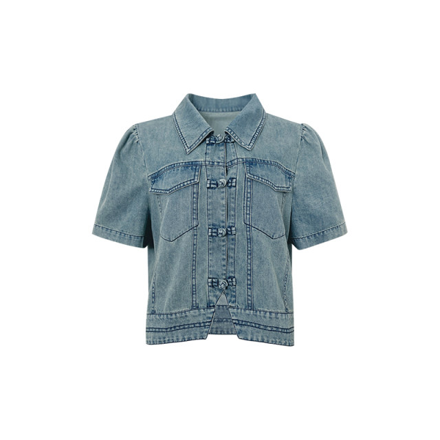 Naz Naizi Large Summer New New Chinese Retro Short National Wind Dip Fat MM short -sleeved denim shirt female
