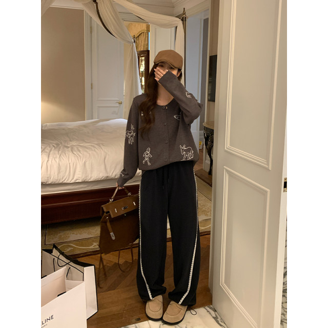 NAZ's large size early spring new lace spliced ​​loose lazy hoodies fat mm high waist straight women's casual pants