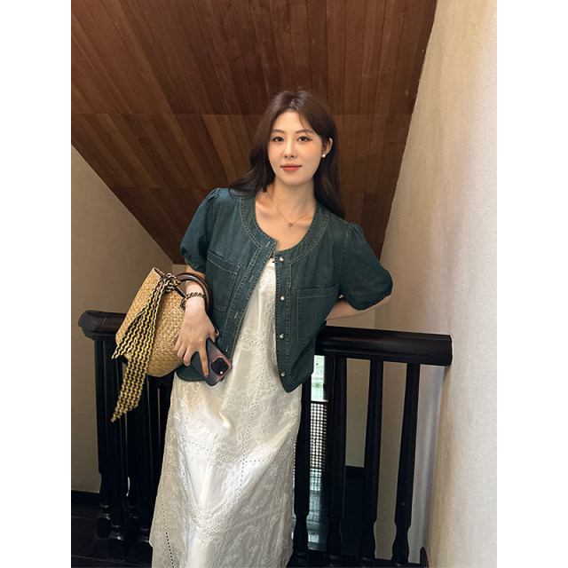 NAZ's large size summer new puff sleeve fat mm Hong Kong style age-reducing loose denim jacket