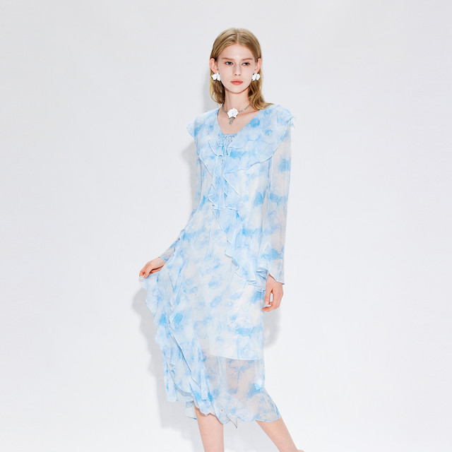Coconi COCOON 2025 summer new style pink long-sleeved romantic holiday floral flared sleeve dress