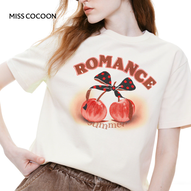 MISS COCOON white pure cotton short-sleeved 2025 summer new iron diamond pattern round neck inner T-shirt