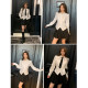 DPLAY2025 spring new white minimalist shirt women's temperament lapel puff sleeve waist top long sleeves