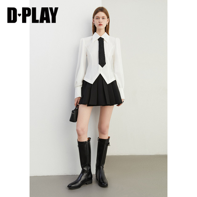 DPLAY2025 spring new white minimalist shirt women's temperament lapel puff sleeve waist top long sleeves