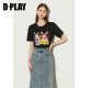 Dplay summer new black short -sleeved cartoon cat T -shirt loose casual female top
