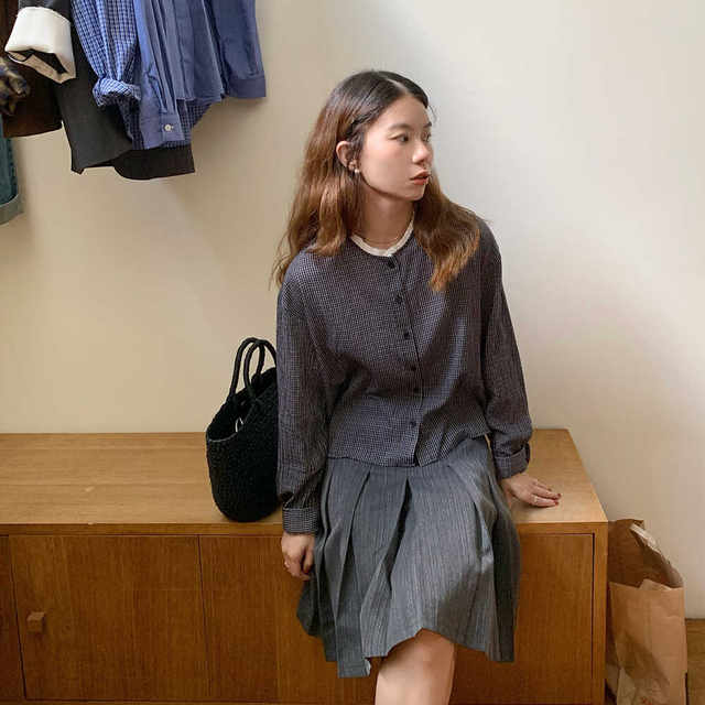 Big Blow Women DCN Early Autumn Homemade Imported Dark Gray Coffee Plaid White Small Stand Collar Spliced ​​Cotton Yarn Long Sleeve Shirt Women