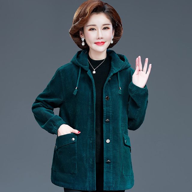 Middle -aged and elderly girl spring and autumn cotton coat elderly velvet trench coat increased code cord chin jacket mothers