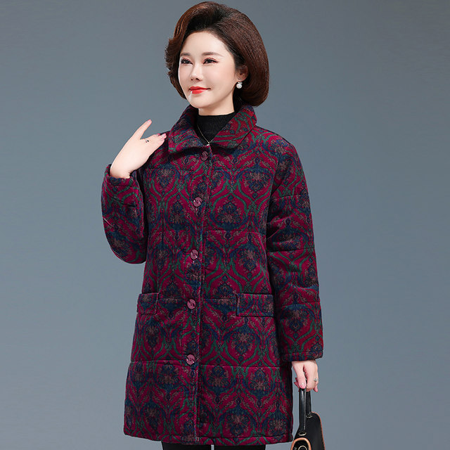 New middle-aged and elderly women's pure cotton mother's winter clothing thickened mid-length cotton clothes jacket loose lapel large size cotton jacket