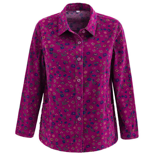 Mother's Spring and Autumn Pure Cotton Shirt Women's Long Sleeve Elderly Corduroy Floral Shirt Old Lady Clothes Grandma Clothes