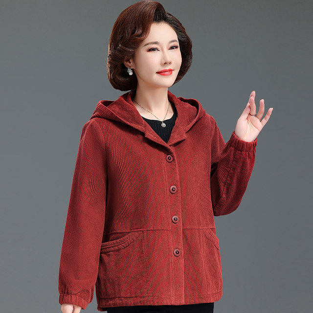 Middle-aged and elderly women's spring and autumn corduroy loose cotton windbreaker new coat solid color hooded jacket corduroy