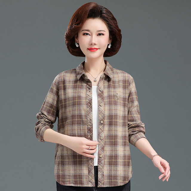 Mom Spring and Autumn Long Sleeve Shirt 2025 New Middle-aged and Elderly Temperament Middle-aged Pure Cotton Plaid Large Size Shirt