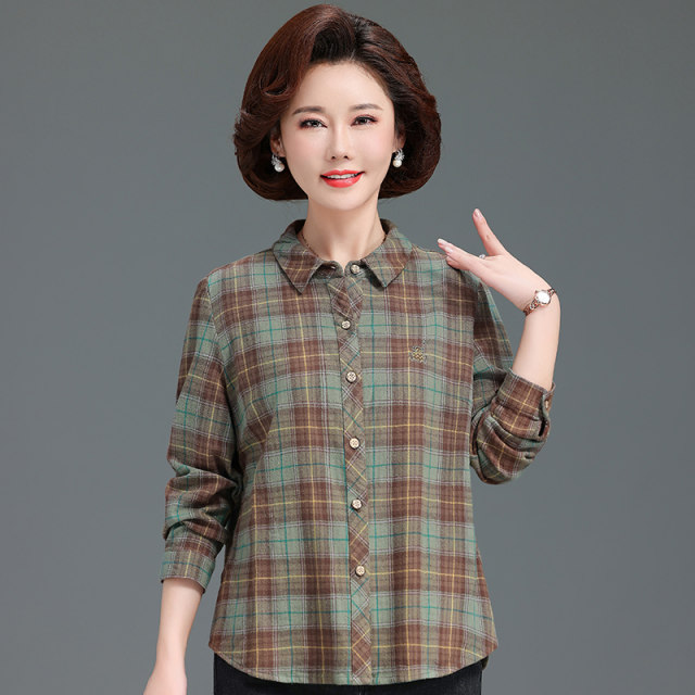 Mom Spring and Autumn Long Sleeve Shirt 2025 New Middle-aged and Elderly Temperament Middle-aged Pure Cotton Plaid Large Size Shirt