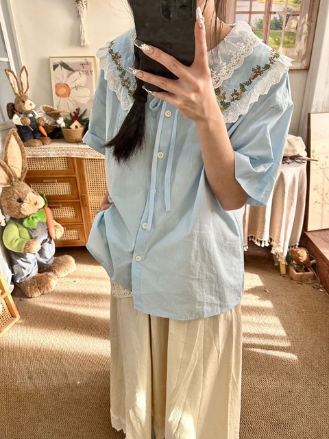 Spring and summer embroidered lace doll collar short-sleeved shirt for women Risen series loose age-reducing slimming college style versatile shirt
