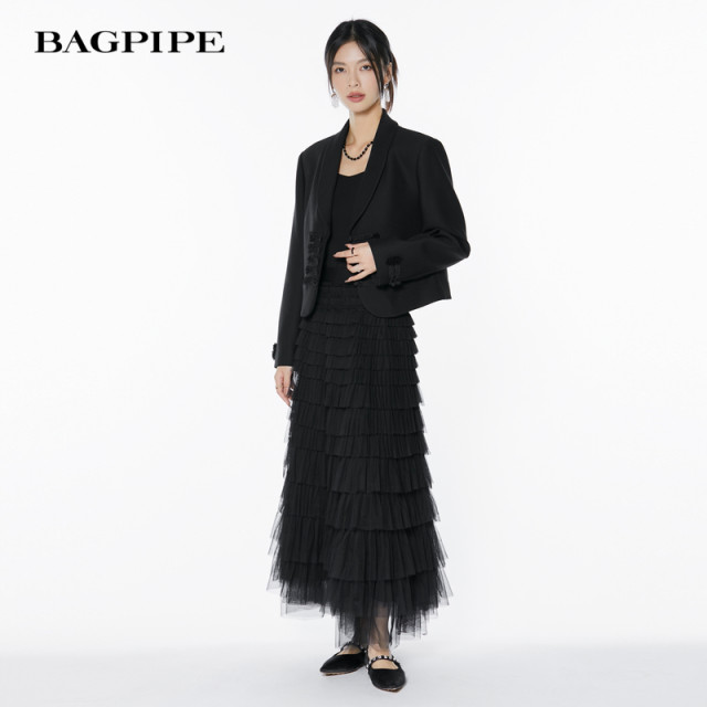 Bagpipe 2025 Spring New French style gold-style dress with mesh skirt with ruffled temperament mid-length fluffy skirt