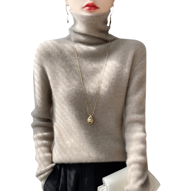 Autumn and winter new style 100 woolen sweater women's pile collar slim sweater knitted thickened wool turtleneck solid color bottoming shirt