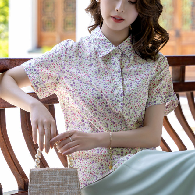 Fumu pure cotton short-sleeved shirt for women in summer florals and fresh shirt for summer clothes, small lapel tops for women in WZ1202-6N