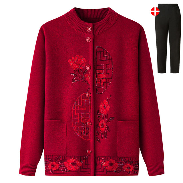 The elderly autumn and winter jacket grandma sweater, velvet thickened mother cardigan new Chinese warm old lady clothes girl