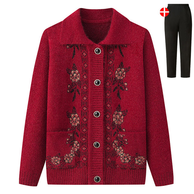 Elderly grandma's sweater, female autumn and winter jacket Mom pretend to add velvet thickened knitted cardigan, warm old lady clothes