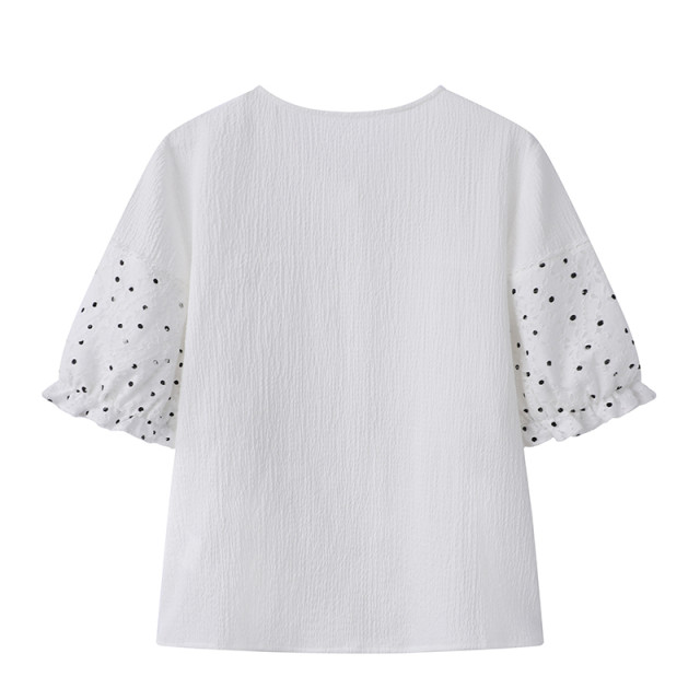 Wide-tied black ears lace polka dot splicing short-sleeved shirt shirt for women 2025 spring and summer new white top