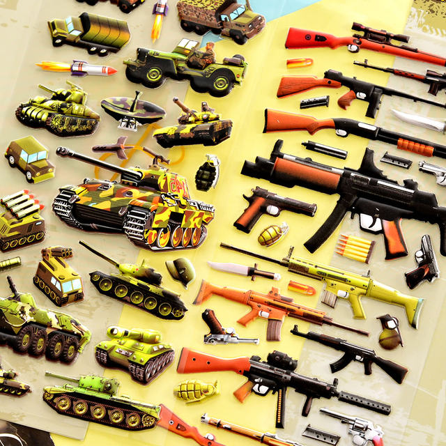 Boys and children's stickers military guns, weapons, aircraft, tanks, three-dimensional bubble stickers, baby puzzle toy paste art