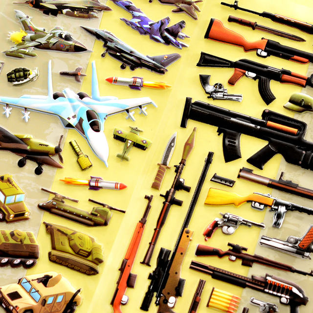 Boys and children's stickers military guns, weapons, aircraft, tanks, three-dimensional bubble stickers, baby puzzle toy paste art