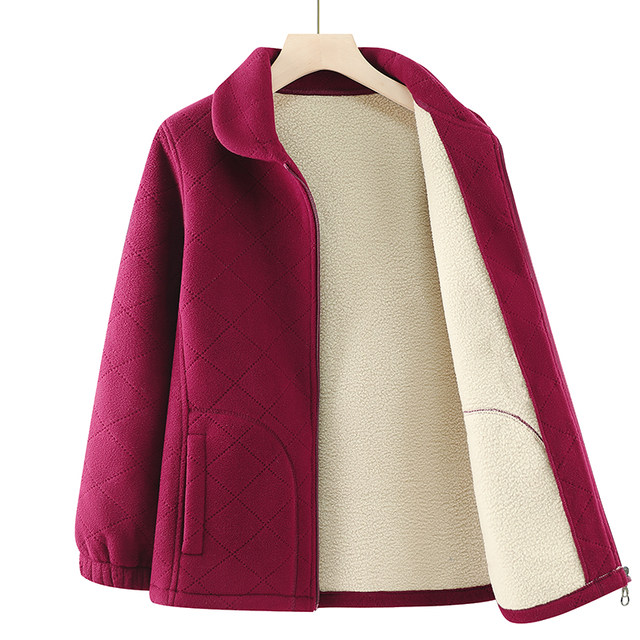 Add velvet thickened cotton jackets autumn and winter long -length shake fleece sweater middle -aged and elderly fashion mothers are thin outside women