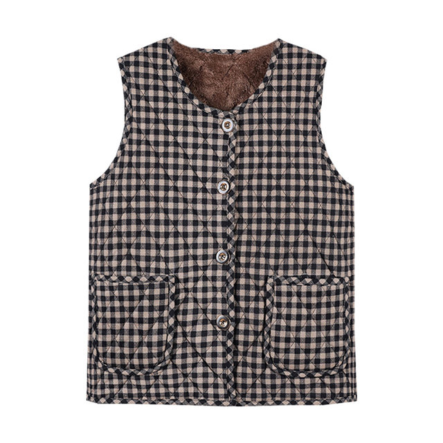 Fleece thickened cotton linen horse clip vest winter new style middle-aged and elderly people plaid vest top fashion mother vest