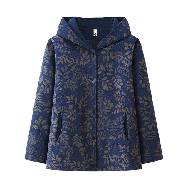 New Autumn Clothes Printed Mid-Length Woolen Coat Autumn and Winter Clothes Hooded Mom Casual Windbreaker 50 Years Old Large Size Jacket