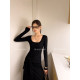 Spring and summer knitted dress for women, sexy long sleeves, waist-hugging temperament, inner straps, U-neck base, hip-packing long skirt