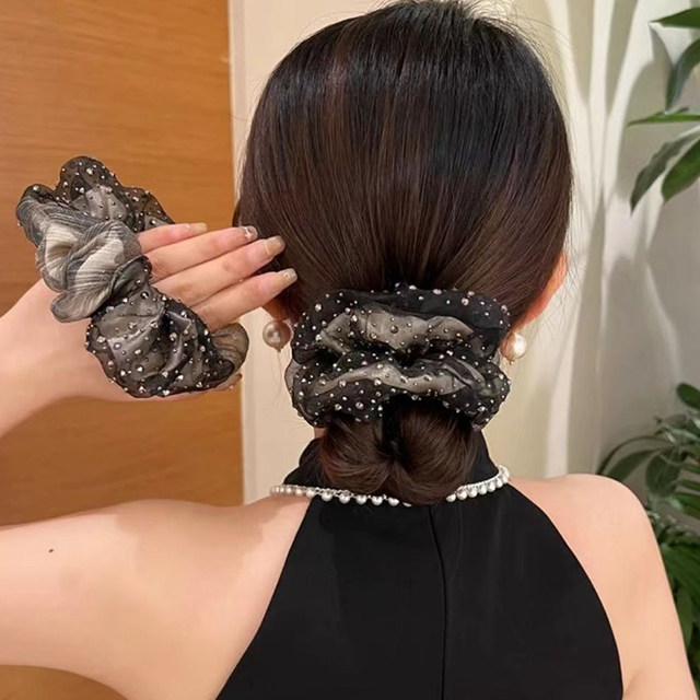 Organza starry large intestine hair ring, elegant and elegant, high-end hair rope, flash drill head rope, coiled hair, ball head flower hair accessory