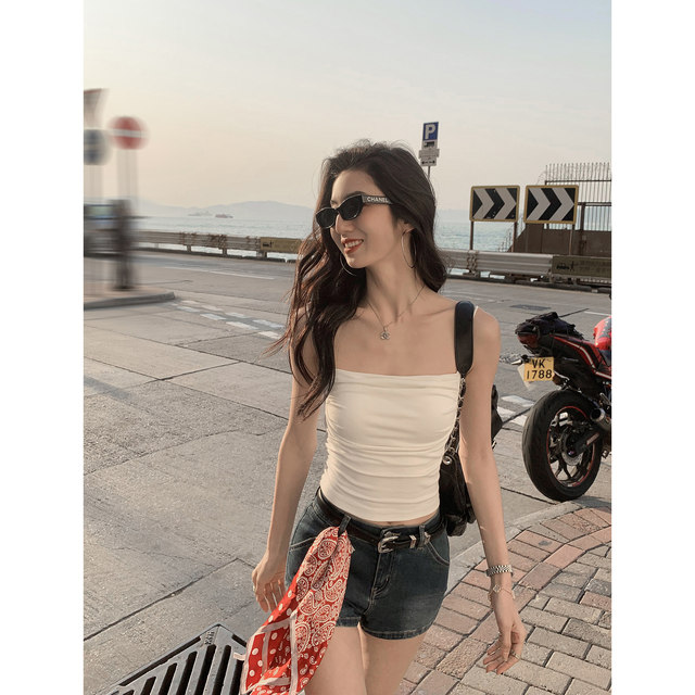 
MULVAN Pure Girl Square Collar with Chest Pad Sling Top Women's Design Slim Short Vest