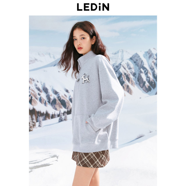 Lechang half -open collar sweater 24 winter new spotted dog gray loose top women's clothing with velvet sweater
