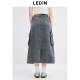 Lechang Gongguang denim skirt autumn new irregular pocket pockets A long skirt retro water washing skirt