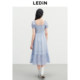 Lecheng Daisy Embroidered Long Dress Summer New Blue Striped Dress Simak Design Puff Sleeve Square Collar Dress
