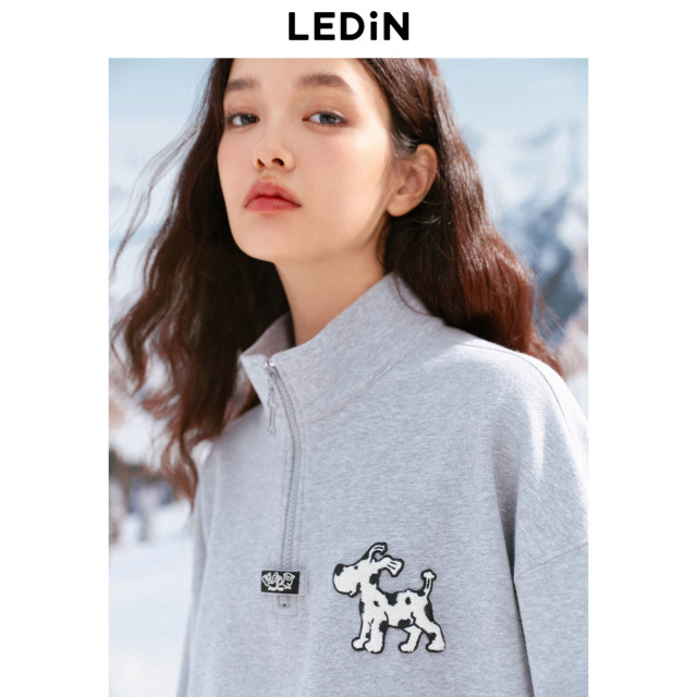 Lechang half -open collar sweater 24 winter new spotted dog gray loose top women's clothing with velvet sweater
