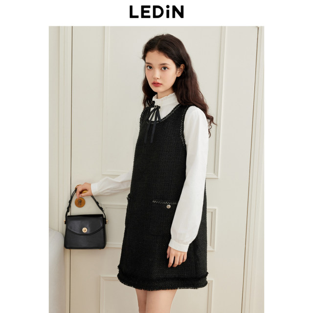 Lecho glitter small fragrance style A-line vest skirt for winter new breasted design temperament and golden style small black skirt
