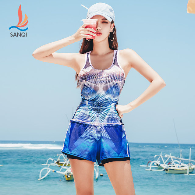 Sanqi split boxer swimsuit, sexy, conservative, slim and belly-covering, large size women's hot spring swimsuit 19023