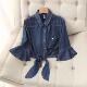 Large size ~ 2024 summer new style thin hem knotted denim shirt women's mid-sleeved shawl jacket for women
